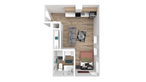 a 3d rendered floor plan of a 1 bedroom apartment
